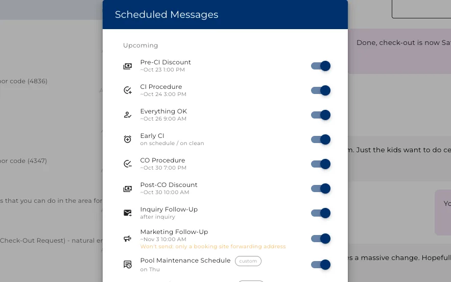 Messages scheduled to the steps of the stay
